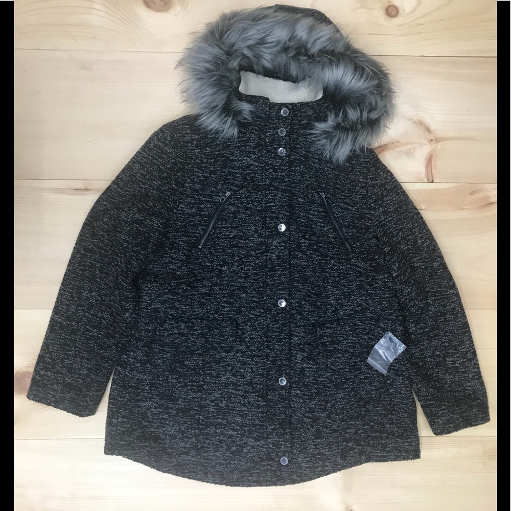 Nautica Novelty Wool Faux Fur Trim Hood Black/grey